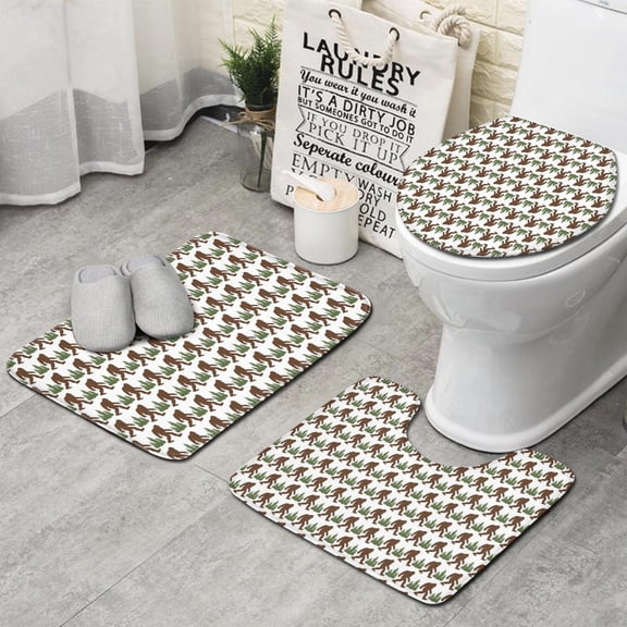 Brown Bigfoot and Pine Tree Pattern Bathroom Rugs Sets 3 Piece,Toilet Cover Set,Absorbent Non Slip Bathroom Mats Sets with U-Shaped Contour Rug Toilet Rug Set