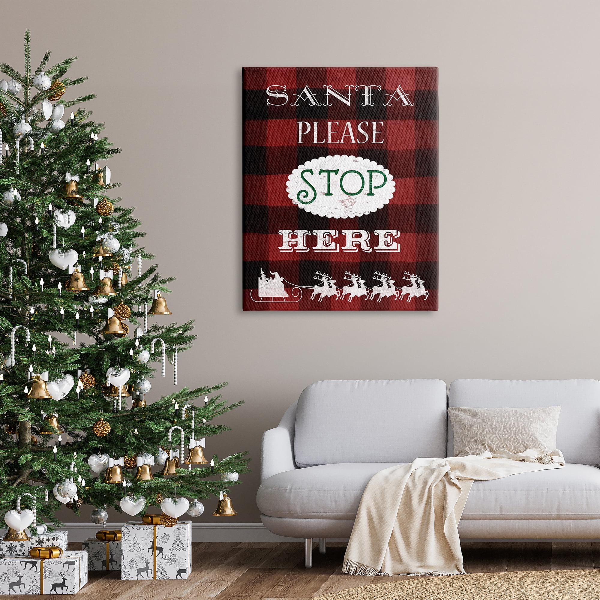 Stupell Industries Santa Stop Here Plaid Holiday Painting Gallery Wrapped Canvas Print Wall Art, 36 x 48
