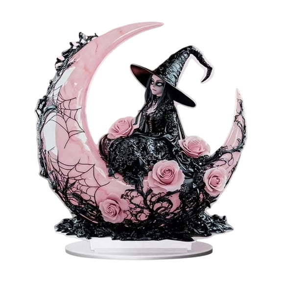 CSStudio Pink Crescent Moon Black Witch Acrylic Stand Sign Gothic Spooky Halloween Desktop Decor Party Window Display Prop