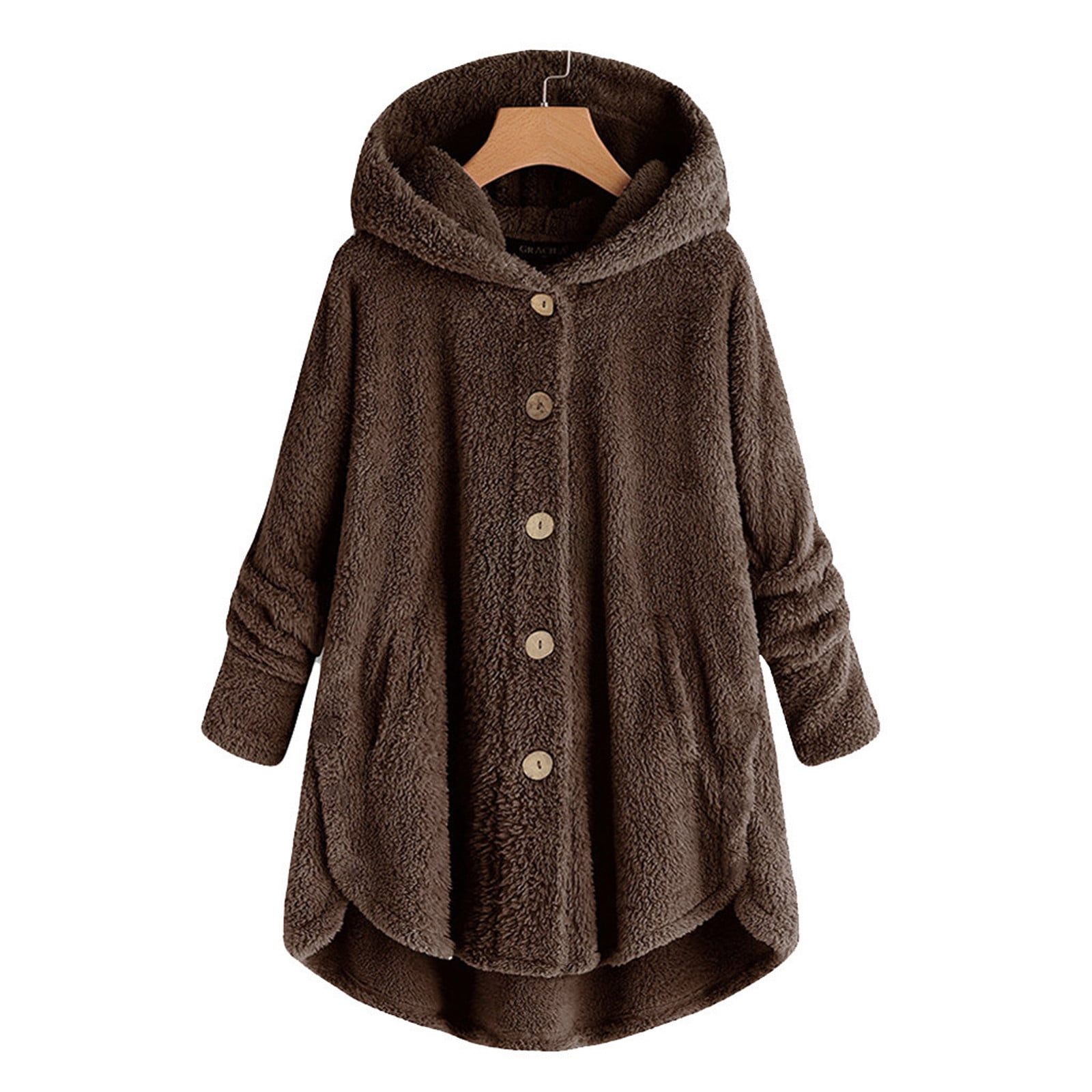 Meichang Winter Jacket for Women Plus Size Fuzzy Fleece Jackets Hooded Long Sleeve Button Up Coat Casual Loose Soft Sherpa Hoodie Jackets Plush Outerwear with Pockets