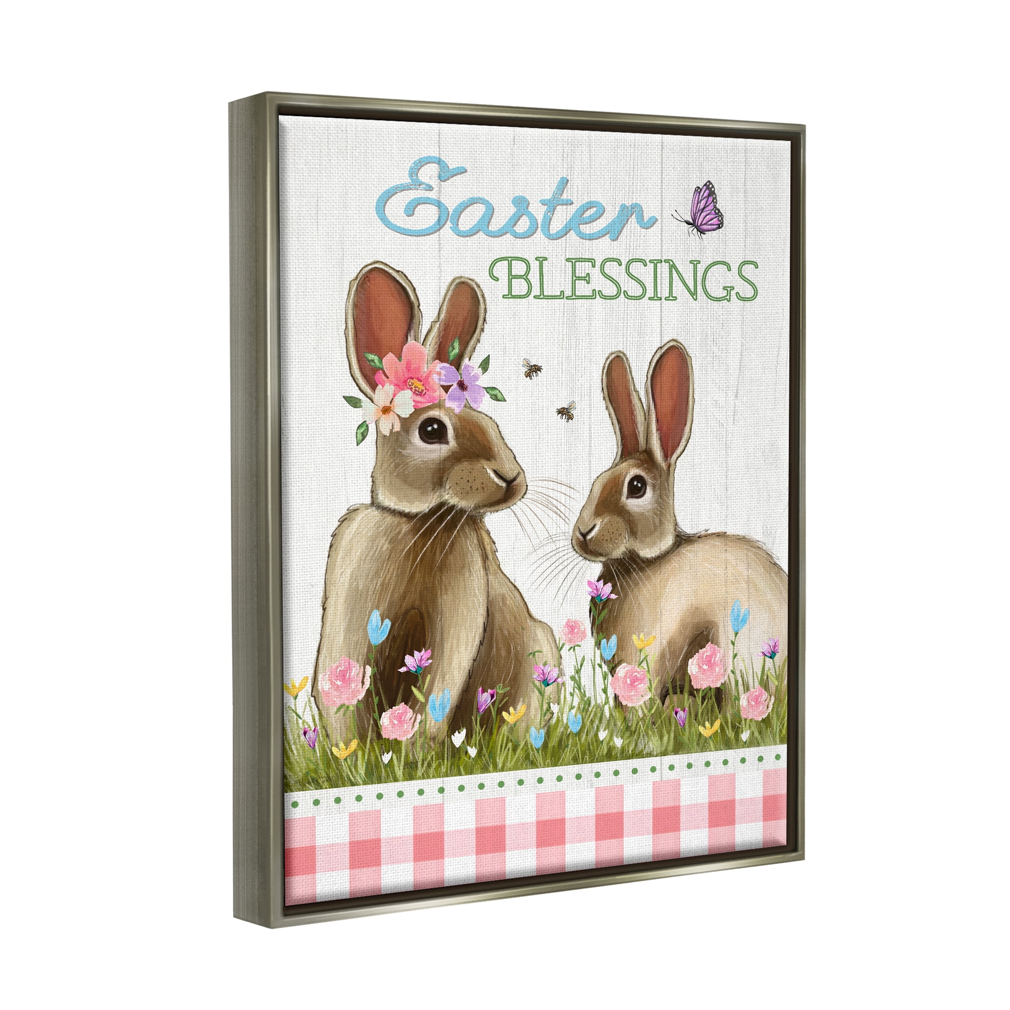 Easter Blessings Gingham Spring Bunnies Gray Floating Frame Canvas Art, 17 x 21, By Elizabeth Tyndall