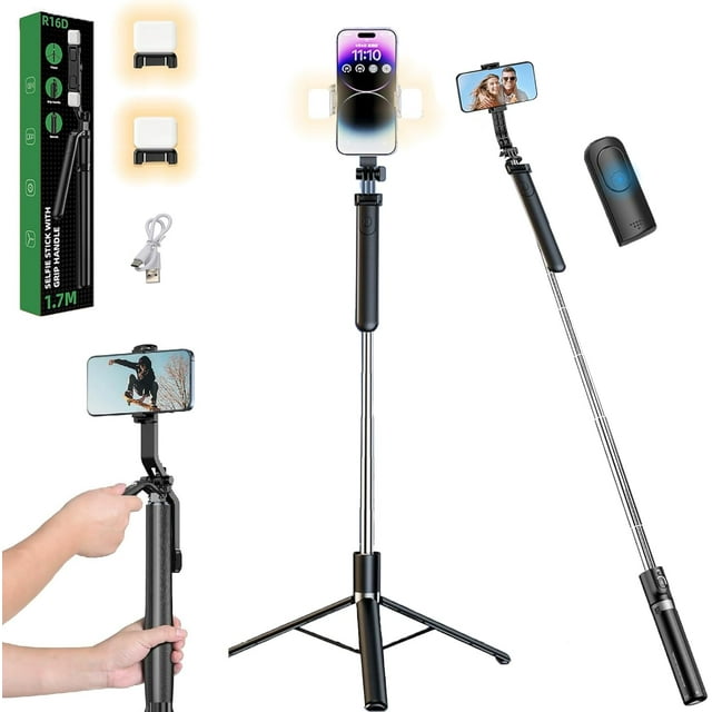 czcpp-Tripie para Celular portatil,con 2 Luces,170 cm retráctil Palo Selfie para Celular con Control Remoto Bluetooth,Estabilización Imagen Cuatro Ejes,Compatible con iPhone,Samsung,Xiaomi y Realme