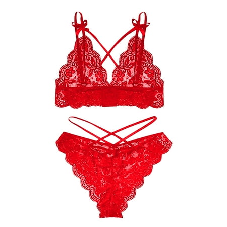 

UMfun Women Sexy Solid Color Bralette Panty Strappy Lace Bow Lingerie Set