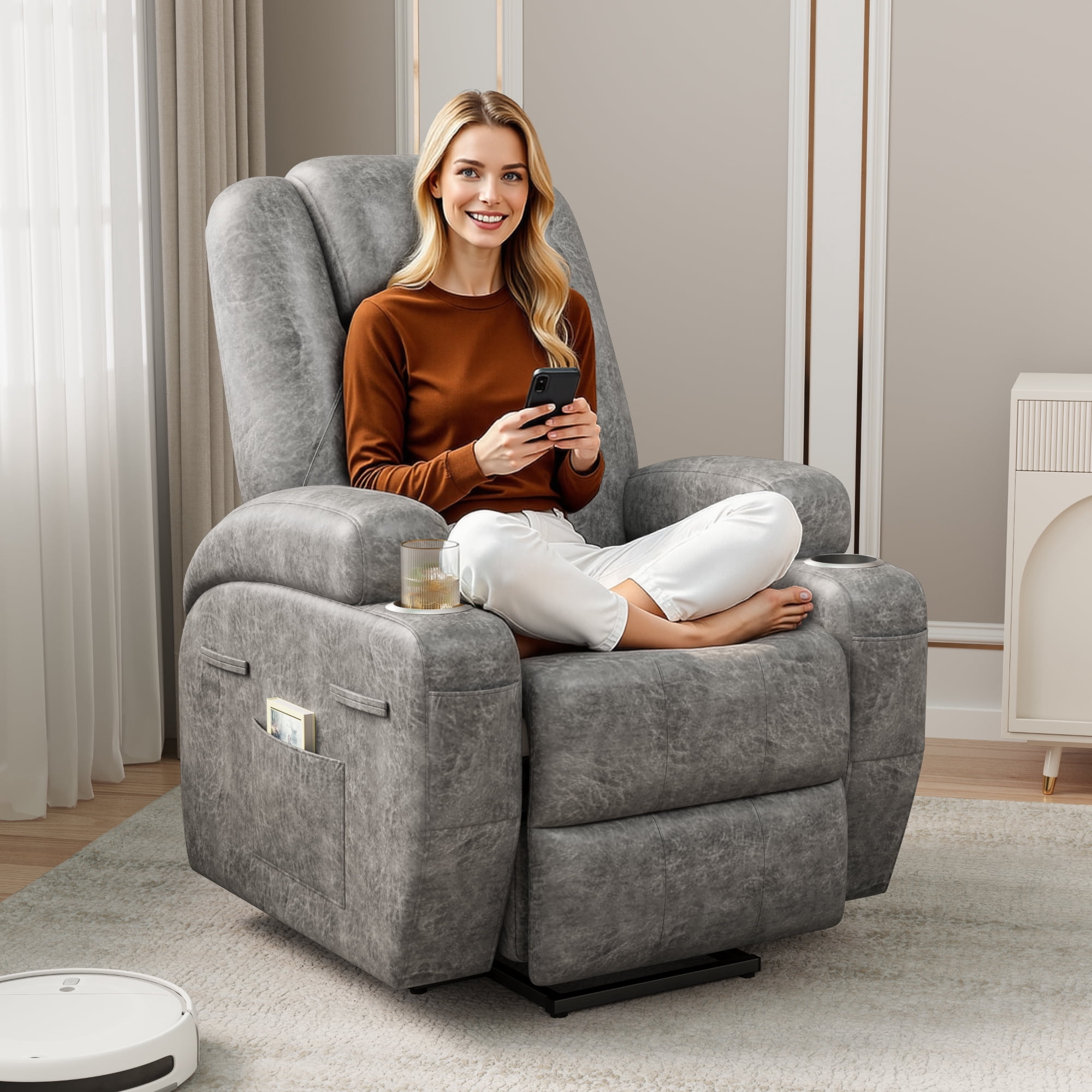 Vineego Power Lift Recliner Chair with Massage - Remote Control, Leathaire Fabric, Cup Holders for Elderly & Home Theater,Gray