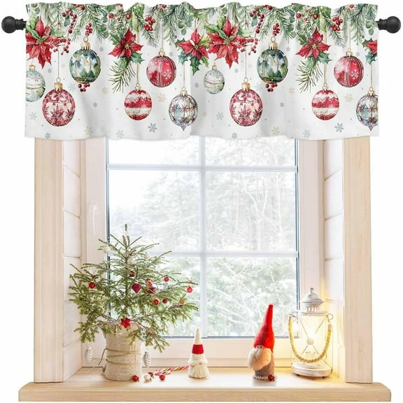 Christmas Balls Valance for Windows Poinsettia Curtains Valances Holly Berry Valance Window Treatments Snow Short Curtains for Kitchen Living Room Bedroom Bathroom Xmas Holiday Decor 54x18 Inch