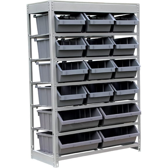 King's Rack Bin Rack Storage System Heavy Duty Steel Rack Organizer Shelving Unit w/ 16 Plastic Bins in 6 tiers