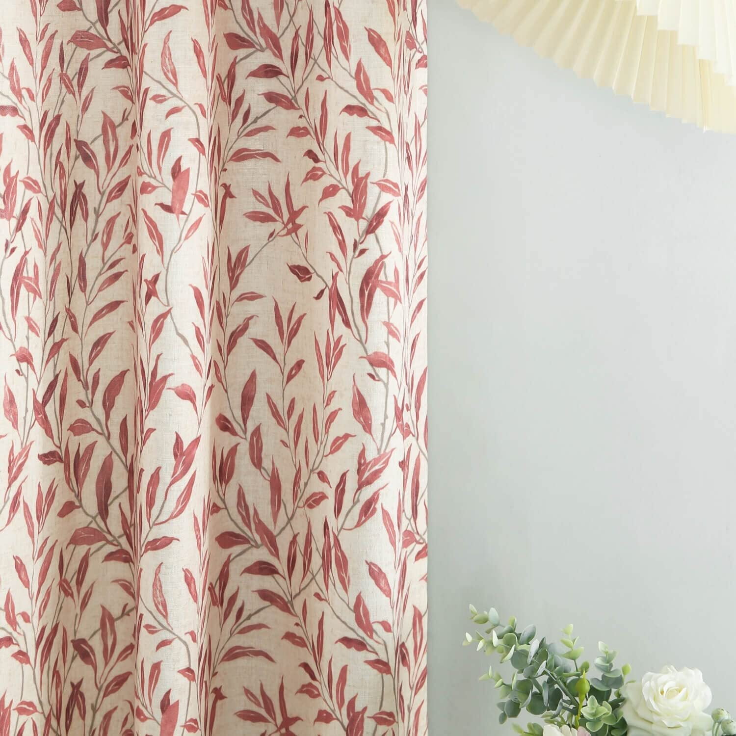 VOGOL Linen Textured Printed Window Drapes, Green Leaves Country Curtains for Bedroom Living Room, Grommets, W52"xL63", One Panel, Red