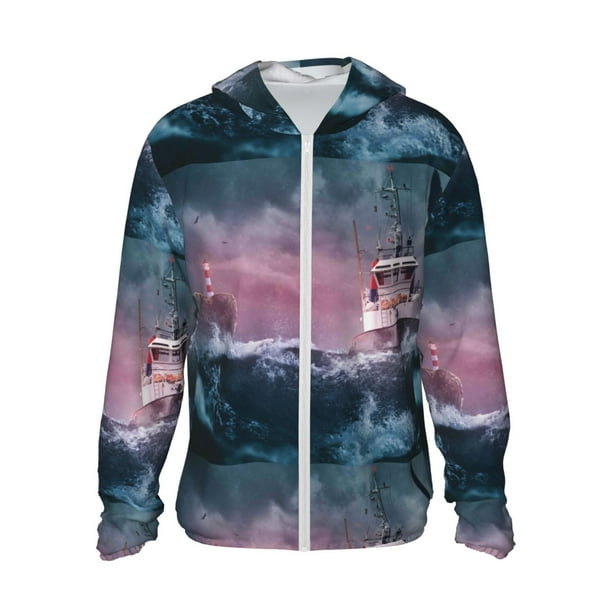 Balery Boat Lighthouse Storm Waves Sudadera ligera de manga larga con capucha y protección solar UPF 50+ para hombre y mujer, ideal para pesca y running-3X-Large