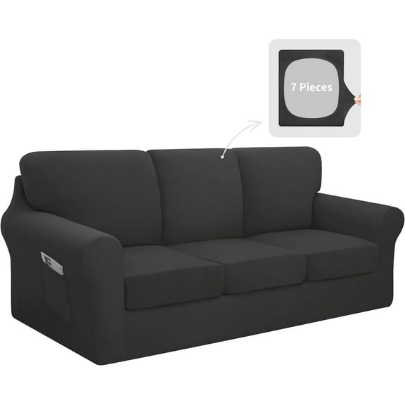 7 Pieces Stretch Couch Cover Washable Sofa Cover Set for 3 Backrest and Seat Cushion Couch Anti-Slip Sofa Slipcover Furniture Protector with Elastic Bottom (Large, Dark Grey)