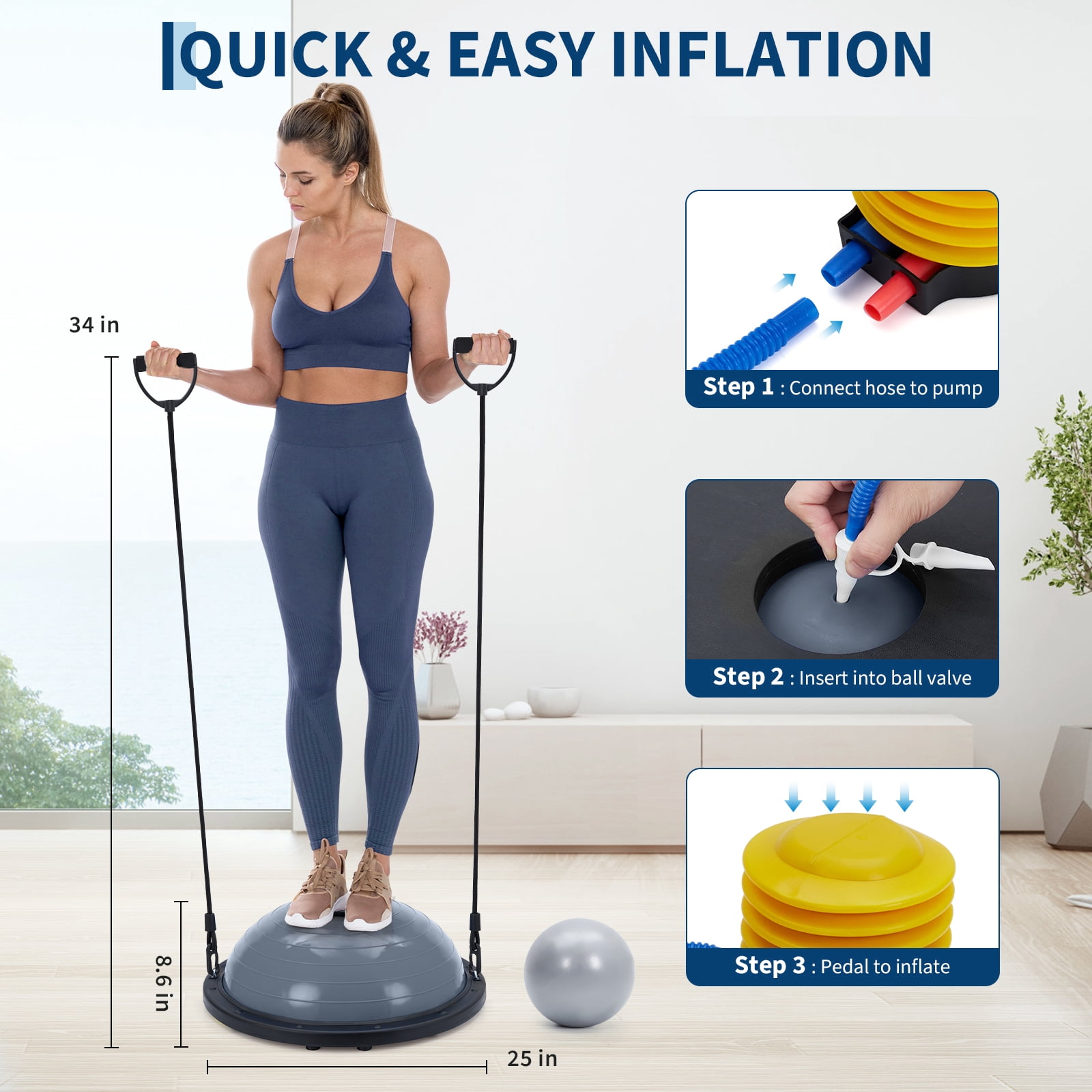 Half Balance Ball Trainer 23in - 1600lbs Anti-Slip Stability Yoga Ball with Resistance Bands, Air Pump & Pilates Ball - Inflatable Core Strength Exercise Equipment for Home Gym & Fitness