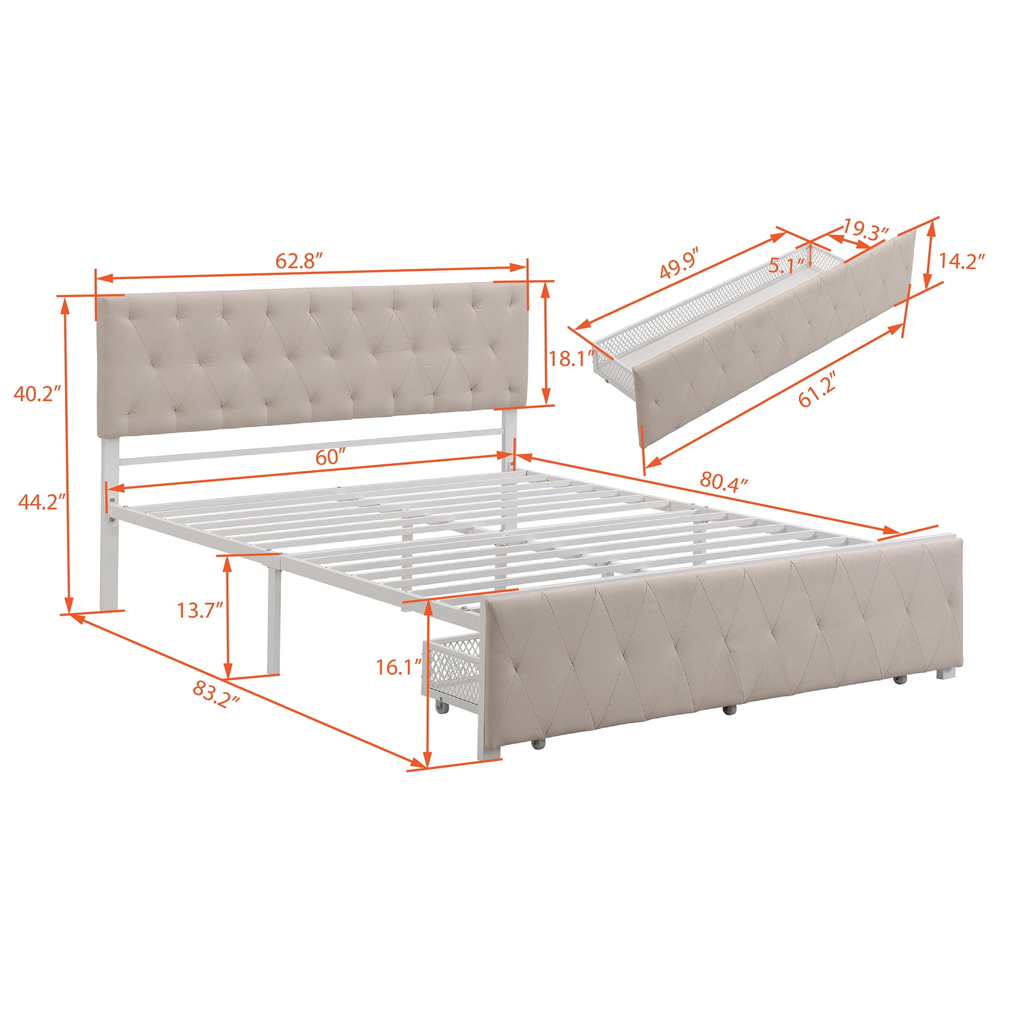 Queen Size Storage Bed, Metal Platform Bed with a Big Drawer, Beige