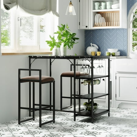Best Ing Counter Height 3 Piece Bar Dining Table Set With 2 Upholstered Stools Chairs 4 Glass Holders Wine Racks And Open Storage Shelves For Small Places Faux Marble Black Finish Upholstered Bar Stools Chairs, Pub Dining Table And Chairs