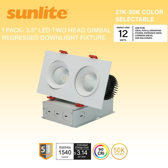 Sunlite 3.5” LED Two Head Gimbal Regressed Downlight Fixture, 24W, 1540 Lmns, Canless, CCT Switch 27K/30K/35K/40K/50K, 90 CRI, Dimmable, ETL Listed, Title-24 Compliant, 1 Pack