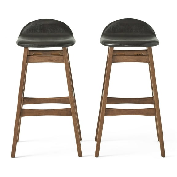 GDF Studio Tenley Mid Century Modern Upholstered 30.5 Inch Barstools, Set of 2, Dark Brown Faux Leather and Walnut