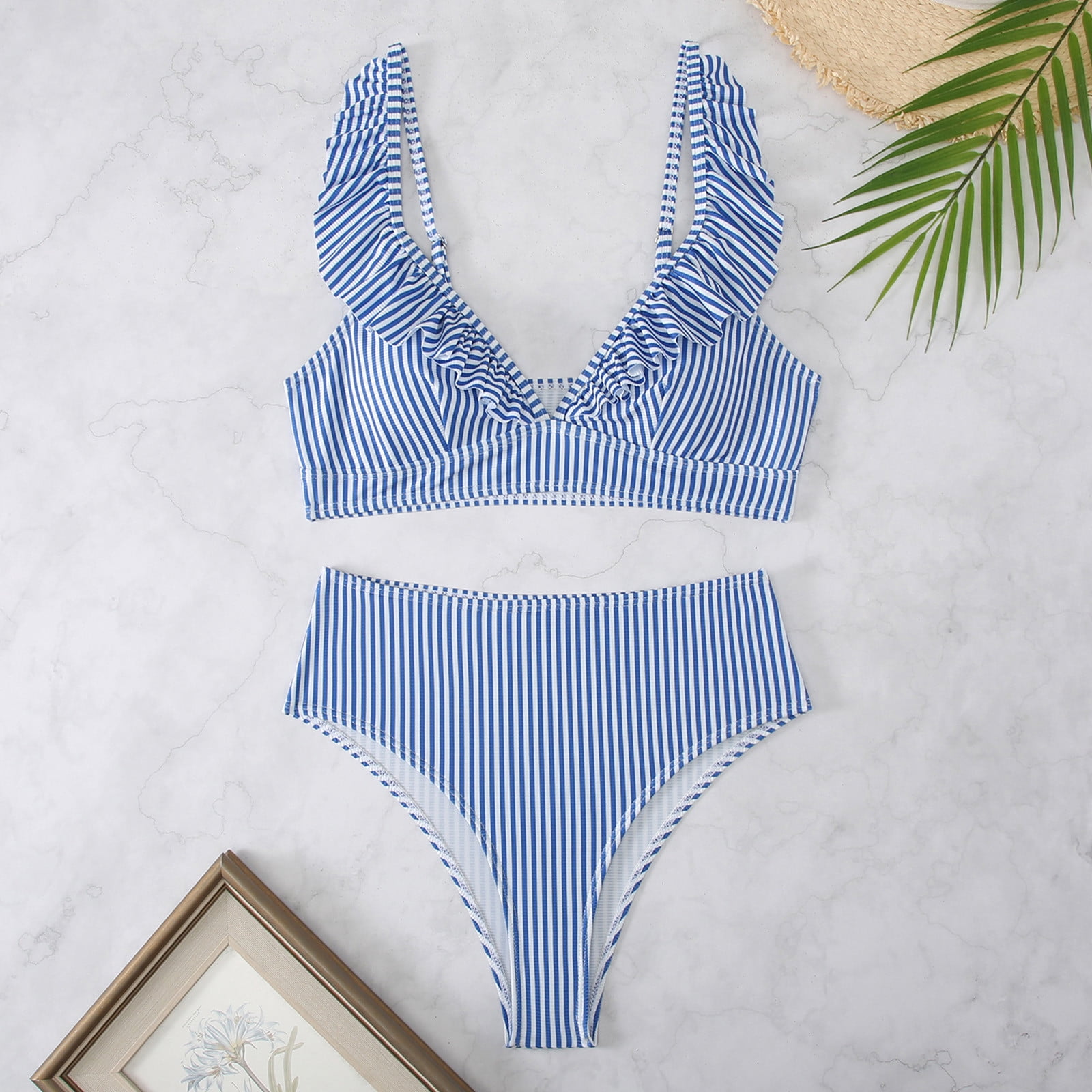 striped ruffle high waisted bikini set
