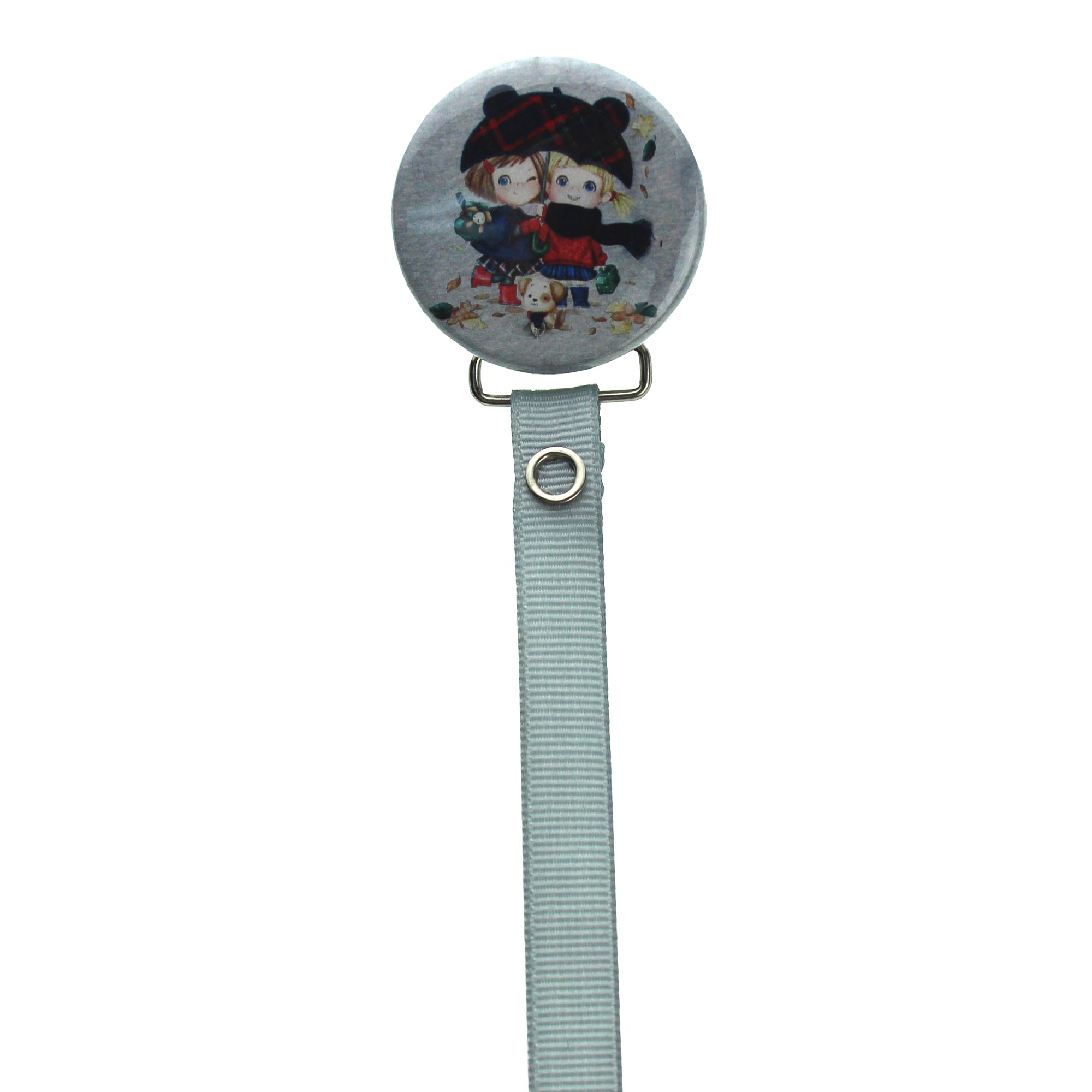 Girls under Navy Plaid Umbrella Pacifier Clip with Grey Ribbon