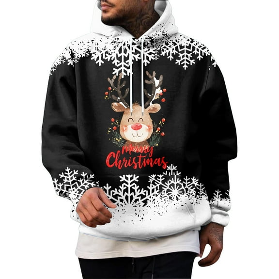 Men’s Pullover Hoodie with Reindeer and Snowflake Print Holiday Theme Long Sleeve Hooded Sweatshirt Casual Fit Black L