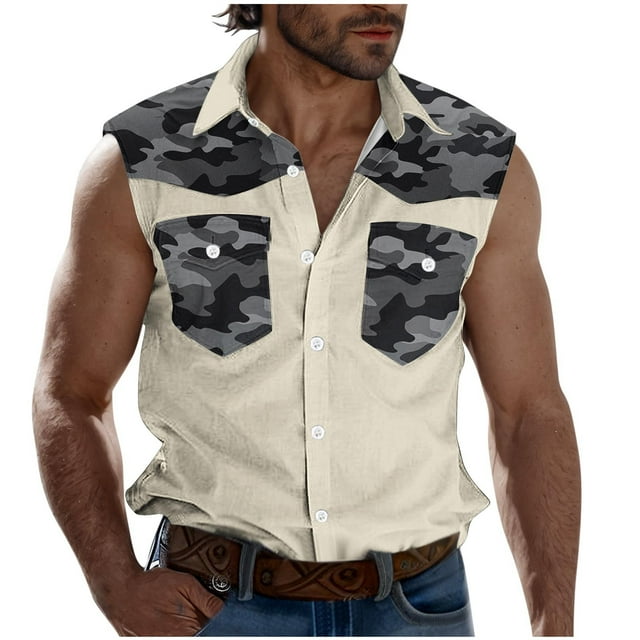 Camisas de Cuello para Hombres, Moda Casual Día de la Independencia Imprimir Turndown Bolsillos sin Mangas Tanque Deportivo