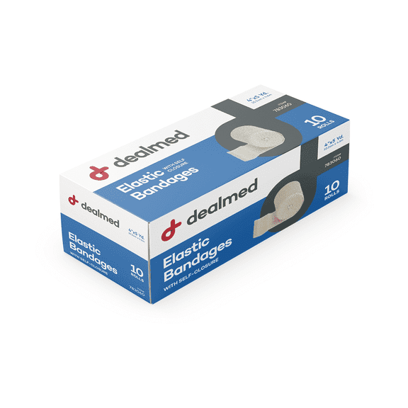 Dealmed Elastic Bandage Wrap 4" with Self Closure, Stretched Compression (10 Rolls/Box)