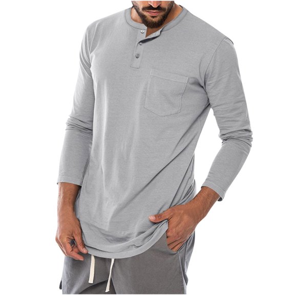 RYRJJ Mens Fashion Casual Front Placket Basic Long Sleeve Henley T-Shirts Classic Solid Color Pullover Shirts Crewneck Workout Tops with Pocket(Gray,M)