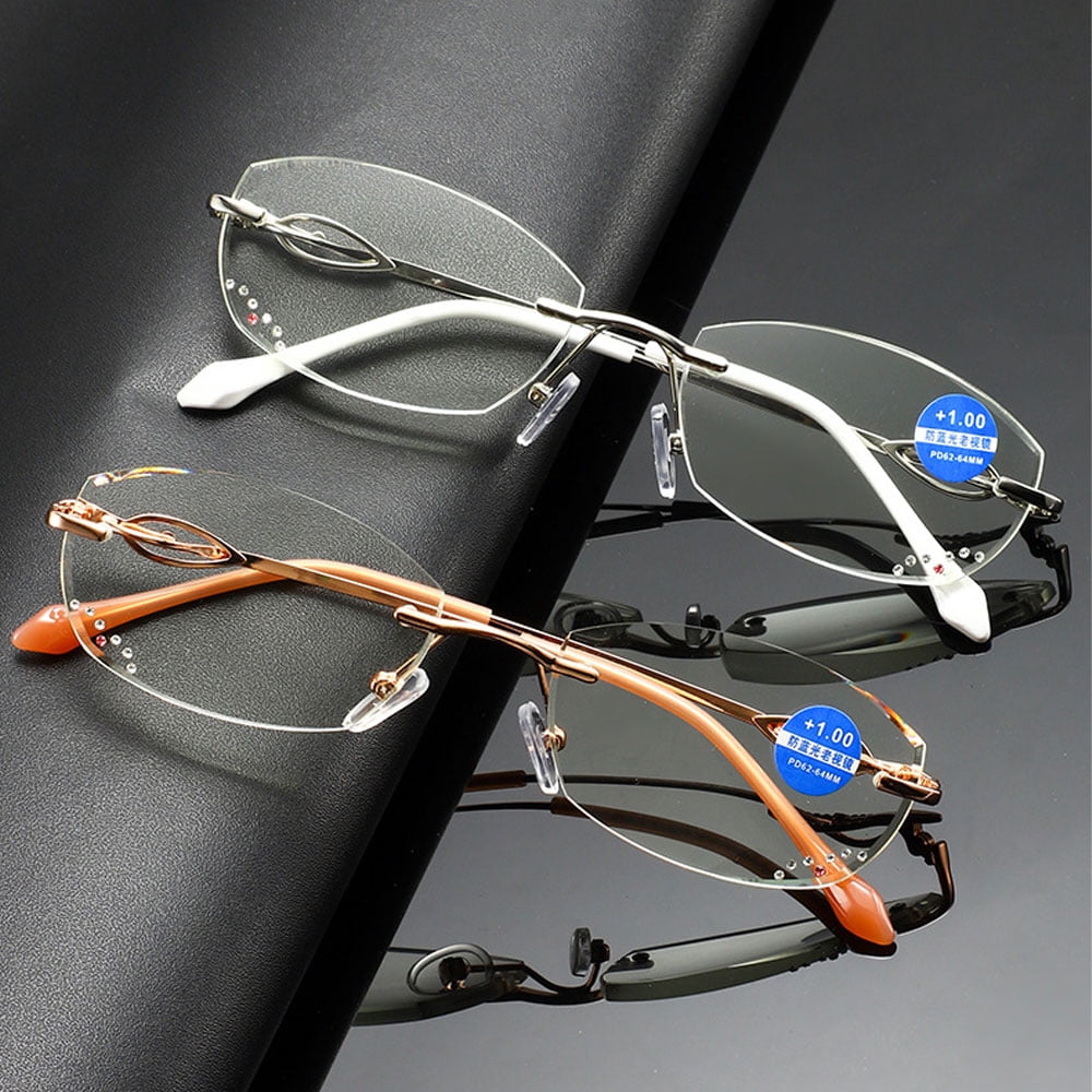2 Pairs of Women Rimless Blue Light Blocking Reading Glasses 2.00, Ladies Rectangle Metal Presbyopia Glasses Readers +2.00 strength