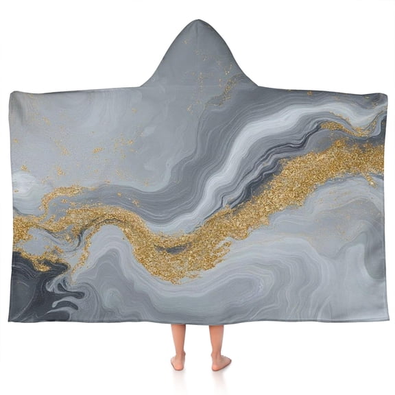 Gray Gold Marble Pattern Hooded Bath Towel，50"x30" for Ages 3 To 12 Kids, Quick Dry Lightweight Soft Microfiber Hood Beach Towel Cover Up for Kids