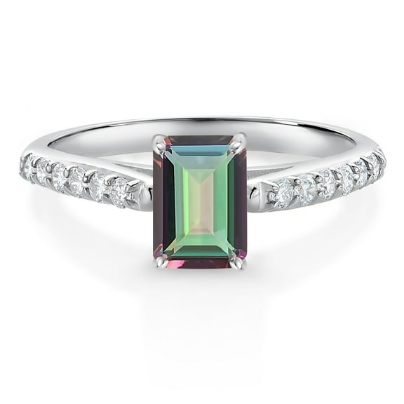 Gem Stone King 1.18 Ct Octagon Green Mystic Topaz G/H Lab Grown Diamond 10K White Gold Engagement Ring (Size 7)