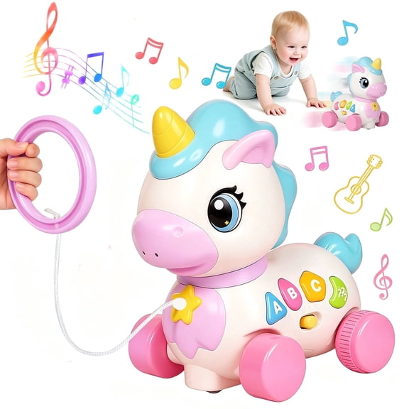 QOQ Baby Musical Crawling Toy, Bilingual Unicorn Sensory Learning Toy for 6-18 Months, Crawl Walk Educational Gift for Infant Toddler Boys Girls