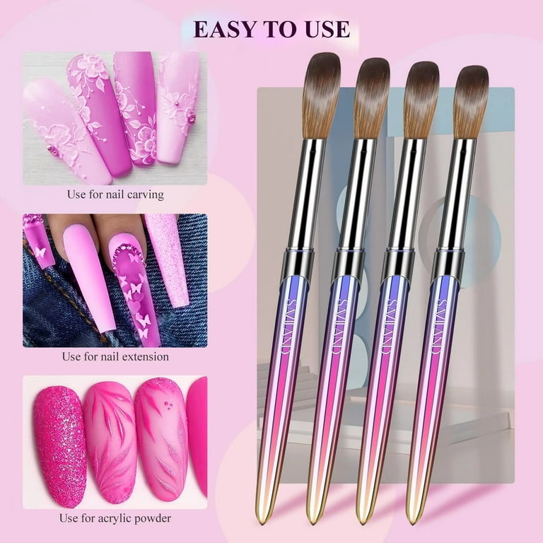 Saviland 4PCS Acrylic Nail Brush Set - Size 4/6/10/14 Acrylic Nail Brushes  for Acrylic Application, Professional Acrylic Nail Tools Set with Pink