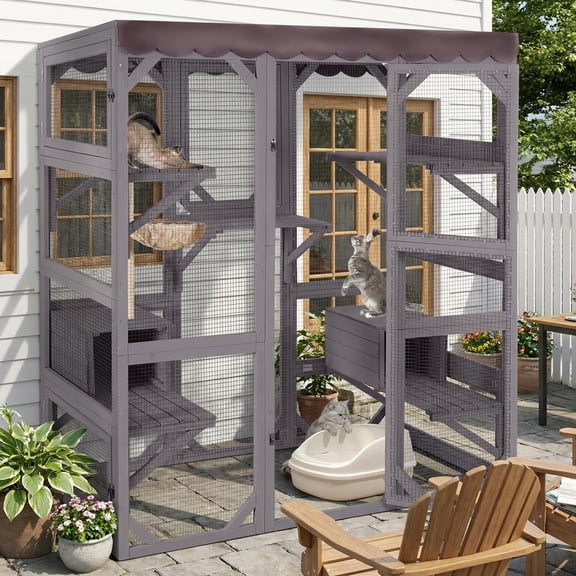 MEDEHOO Catio Outdoor Cat Enclosure - 70" Large Wooden Cat House with 5 Platforms, 2 Napping Boxes & Weatherproof Asphalt Roof, Walk-in Kitty Condo for Multiple Cats