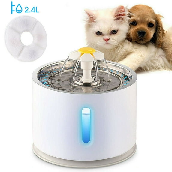 Automatic Cat Fountain Stainless Steel Dog Water Dispenser 2.4L with LED Lights