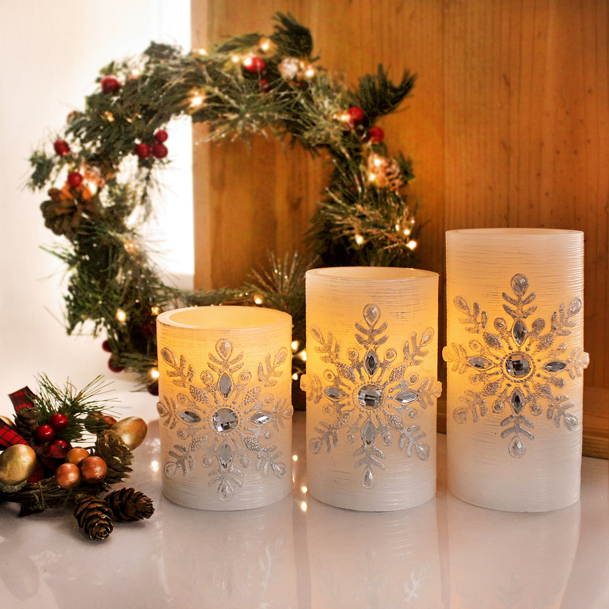 Hometrends Large Snowflake LED Pillar Candle Set with Remote Control