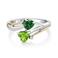 thumbnail image 2 of Gem Stone King 925 Sterling Silver and 10K Yellow Gold Green Nano Emerald Green Peridot and Lab Grown Diamond 2 Heart Ring for Women 1.02 Cttw, Gemstone Birthstone (Size 8), 2 of 5