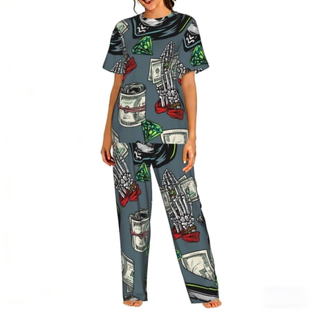 Womens Pajamas Set Loungewear Short Sleeve Top Long Pants Pj Sets with Pockets Money Vintage Reaper Grim Skull