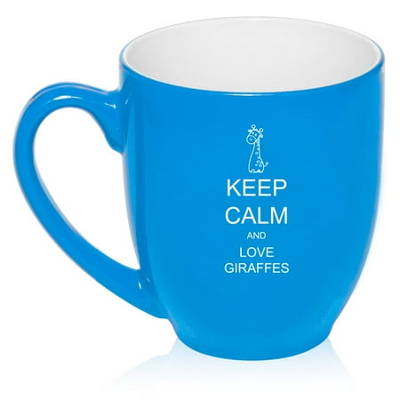 

16 oz Light Blue Large Bistro Mug Ceramic Coffee Tea Glass Cup Keep Calm and Love Giraffes