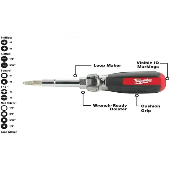 11-in-1 Multi-Tip Screwdriver with Square Drive Bits and 13-in-1 Multi-Tip Cushion Grip Screwdriver Sets (48-22-2880-2761), Red (‎48-22-2302-2880-2761)