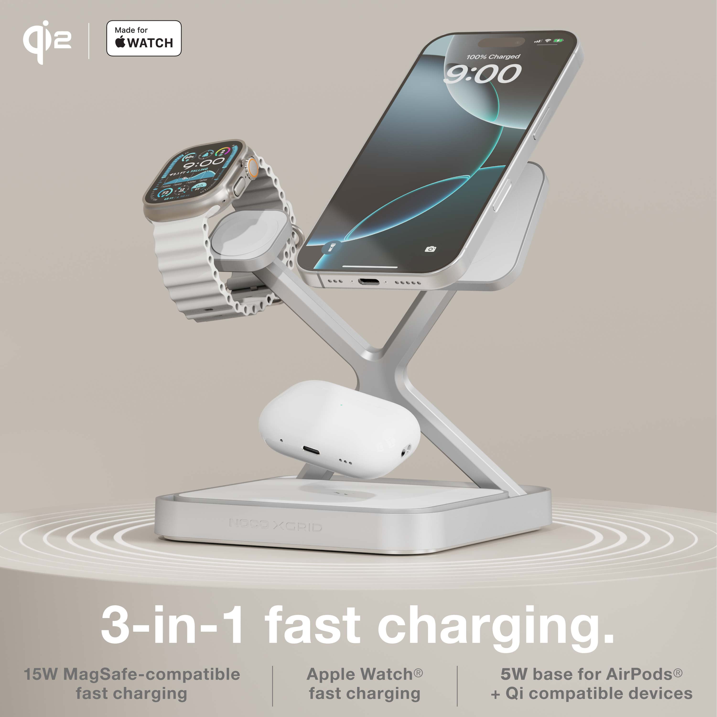 NOCO XGrid XDS3: 3-in-1 Wireless Charging Stand – Charging Station for iPhone, Apple Watch, and AirPods – MagSafe Compatible, Qi2 Certified – Includes 45W USB-C Wall Charger and 6.5-Foot USB-C Cable