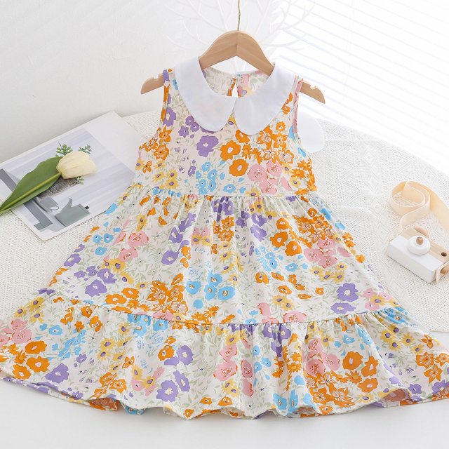 Archinjoy Girls Floral Printed Summer Dress Sleeveless Cute Collared Ruffle A-Line Crewneck Swing Dance Dresses