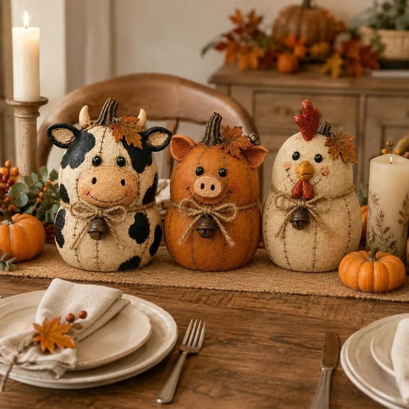 Farmhouse Animal Pumpkin Friends Decor Set, Rustic Fall Harvest Tabletop Ornament, Charming Fall Seasonal Ornament for Home Decoration, Home Shelf Thanksgiving Decoration