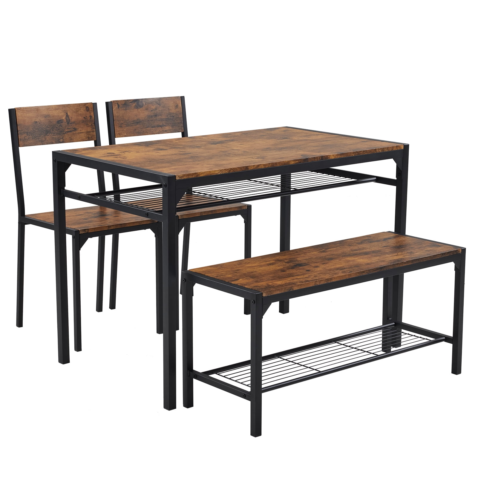 Space-Saving 4-Piece Dining Table Set, MDF Metal Frame Table with 2 Chairs and Bench, Storage Shelves Dining Set for Small Apartment Kitchen