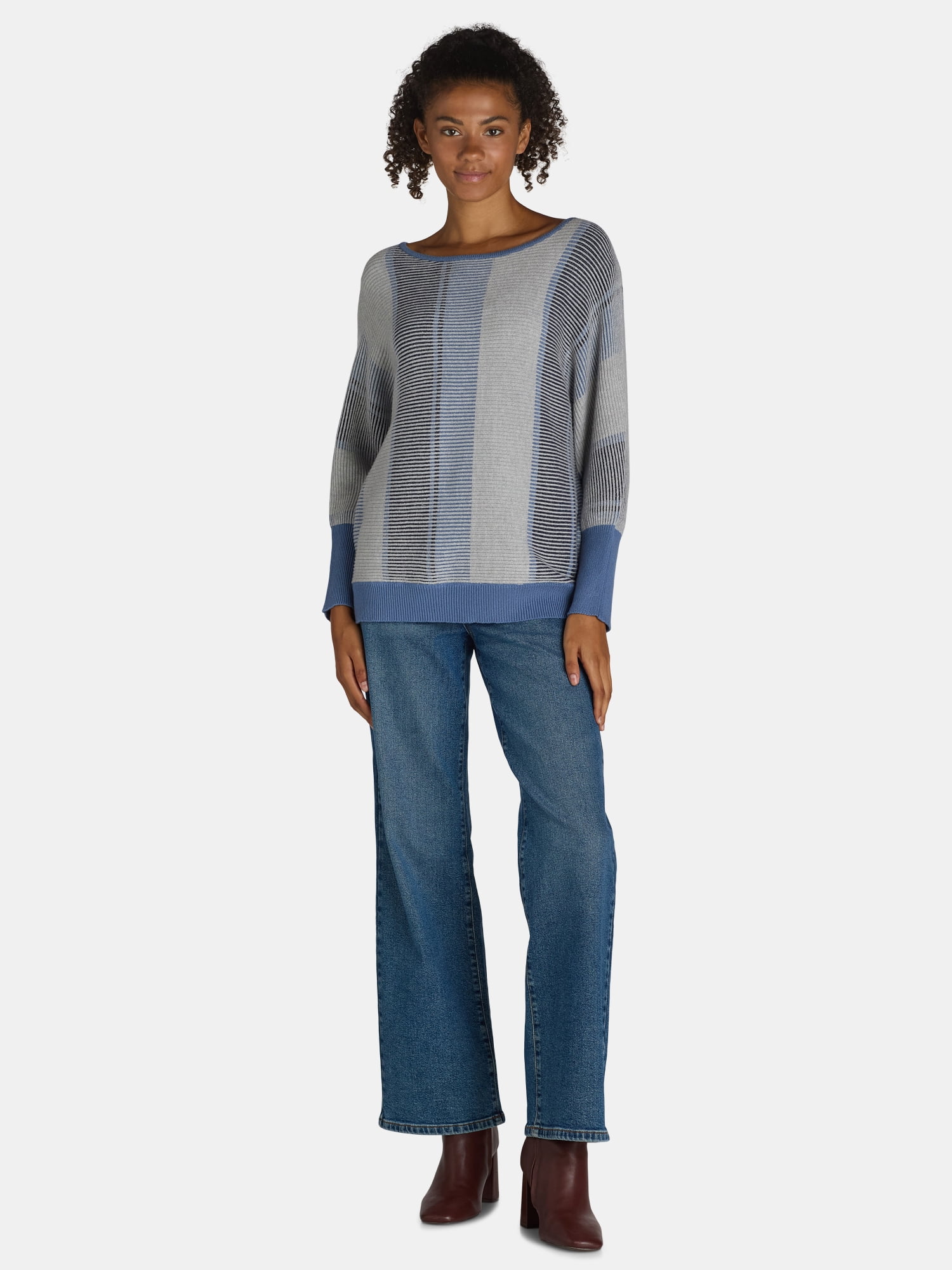 Absolutely Famous Women's Plus Boat Neck Striped Dolman Pullover, Size 1X-4X