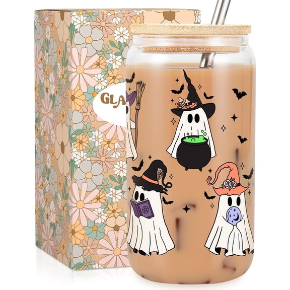 Halloween Cup, Spooky Iced Coffee Glass Tumbler, 16 oz Cute Cups w/ Straws, Boo Basket Stuffers, Spooky s, Halloween Witchy s for Women, Gothic Girls