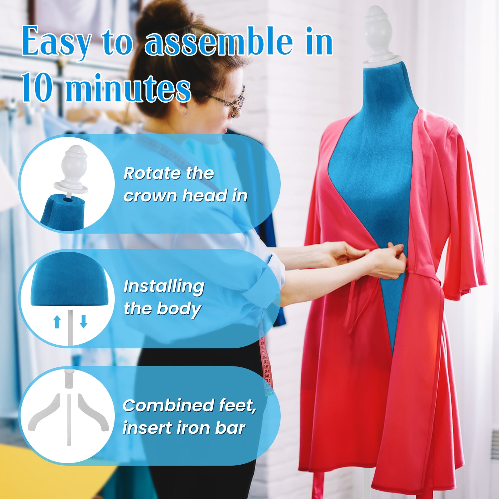 Dkelincs Female Mannequin Torso with Wooden Tripod Stand, 49.6"-63.4" H Adjustable Model Dress Form Manikin for Display, Blue