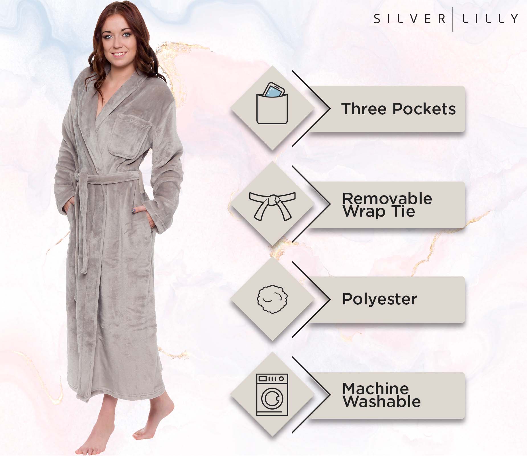 Silver Lilly Womens Robe Plush Fleece Bathrobe Full Length Robe With Shawl Collar Light 