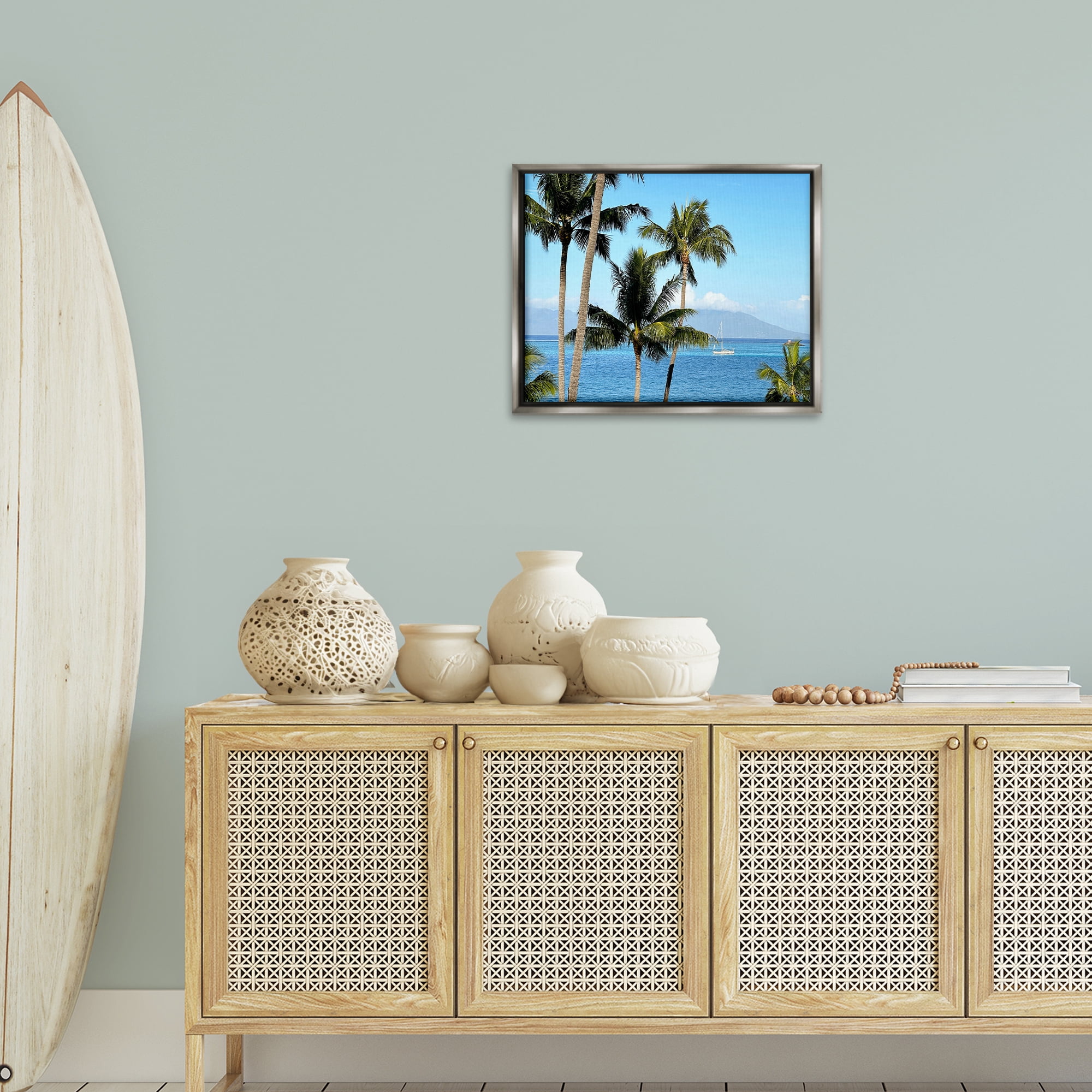 Stupell Industries Palm Trees & Sailboat Landscape Photography Gray Floater Framed Canvas Art Print Wall Art, 21 x 17
