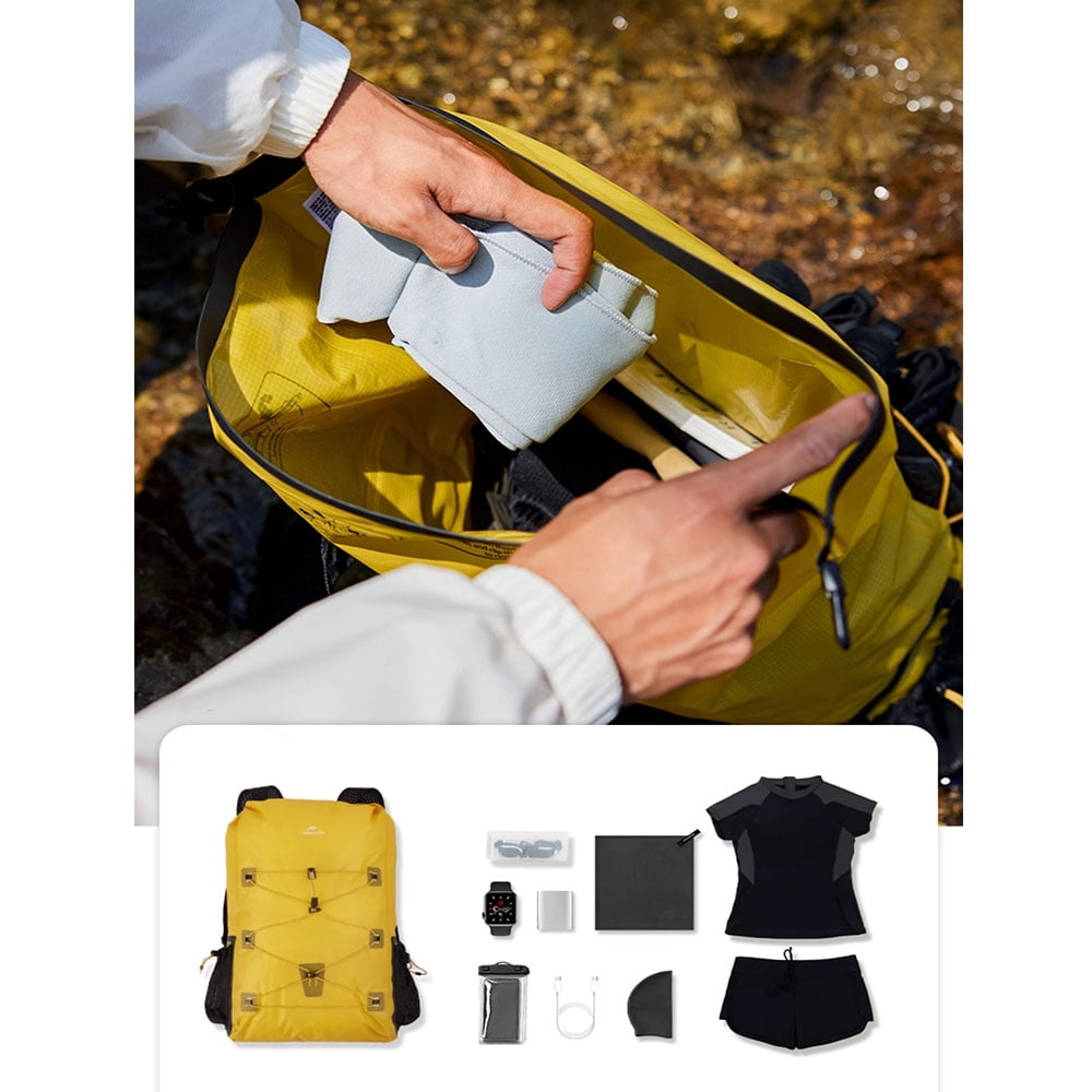 Naturehike Ultralight Waterproof Backpack with Side Pocket, 25L Dry Bag with Breathable Mesh Straps for Hiking, Camping and Trave Yellow