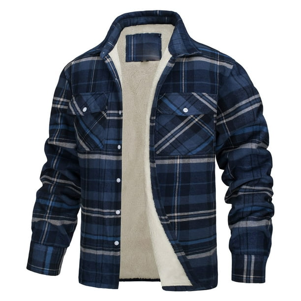 Chaquetas de hombre, chaqueta de camisa a cuadros de polar, chaquetas de trabajo de franela, camisa de leñador, abrigo informal con botones y bolsillos.