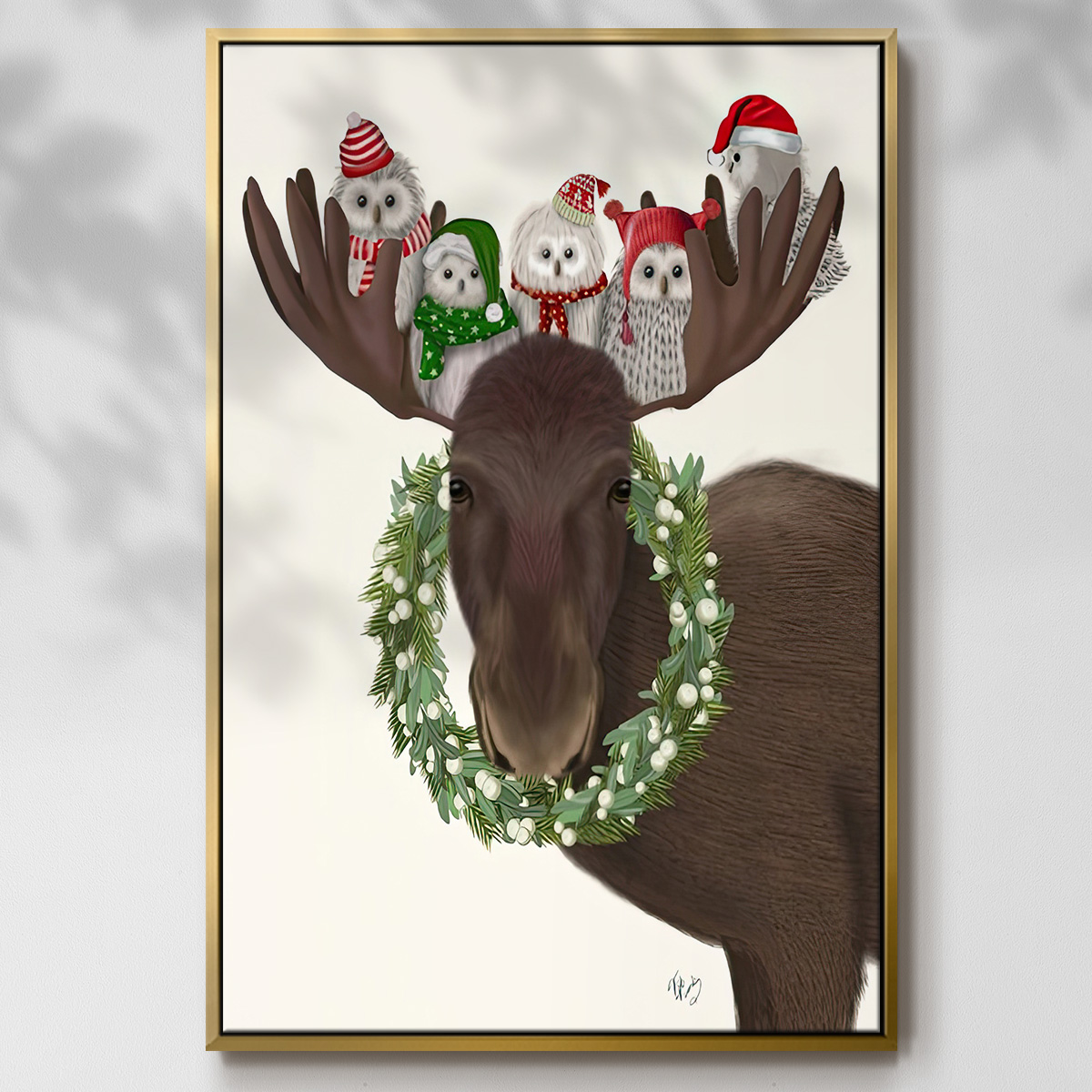 Christmas Moose and Christmas Owls - Framed Gallery Wrapped Holiday Canvas - 17 x 25 - Gold Frame