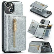 Tarise 2 in 1 Detachable Wallet Case for iPhone 14, Glitter PU Leather Card Holder Money Pocket Shockproof Kickstand Magnetic Hybrid Slim Phone Back Protective Cover for iPhone 14 6.1 inch, Silver