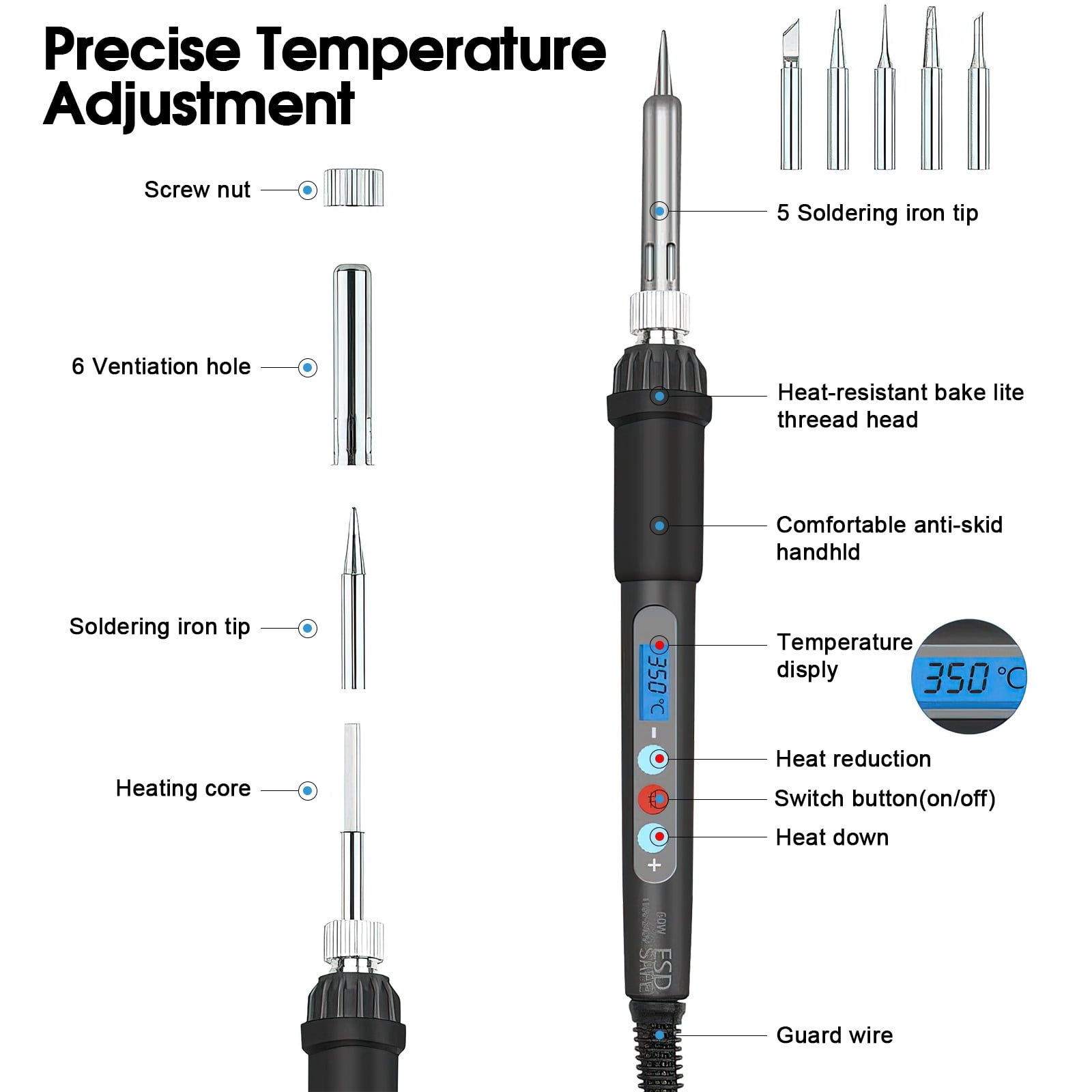 Kingsdun Soldering Iron Kit, 60W LCD Digital Soldering Gun with Adjustable Temperature Controlled and Fast Heating Ceramic Thermostatic Design ON-Off Switch 15pcs Welding Tool